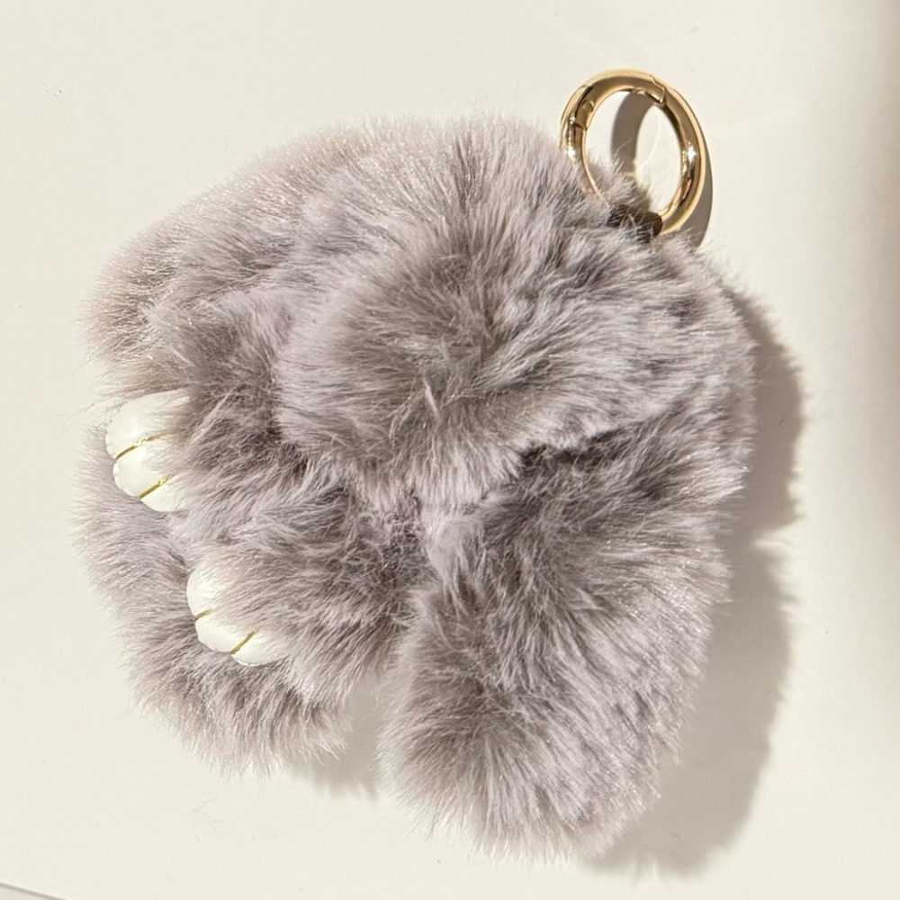 NEW Gray Faux Fur Bunny Rabbit Bag Charm Keychain with Gold Silver Ring Clips